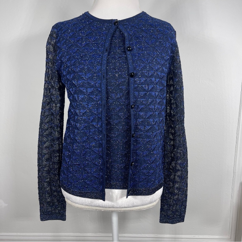 St. John Metallic Diamond Lace Knit Cardigan and Tank Top Set…